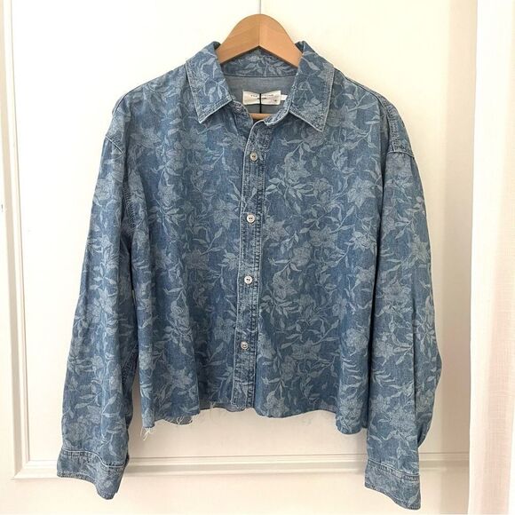 Rag & Bone Floral Cropped Button Up Denim Shirt with Raw Hem Sz Large NWT - Picture 3 of 14